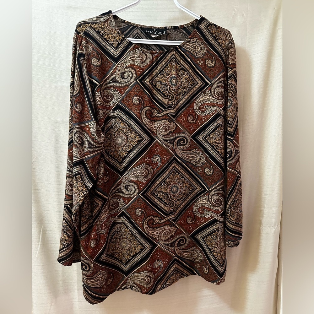 Vintage 90s Carole Little Paisley Rayon Boho Blouse Scarf Print Top Large